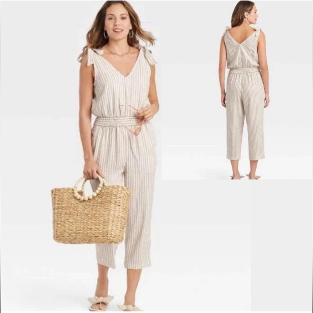🎀 EUC A New Day Linen Blend Vertical Stripe Sleeveless Jumpsuit MEDIUM Bows